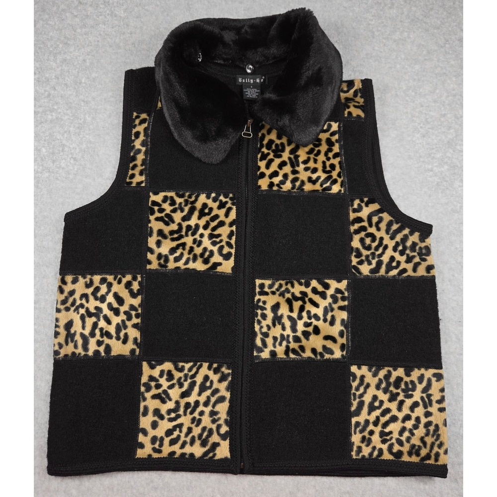 Tally-Ho Vintage 90s Wool Vest Cheetah Print Removable Fur Collar Black Small